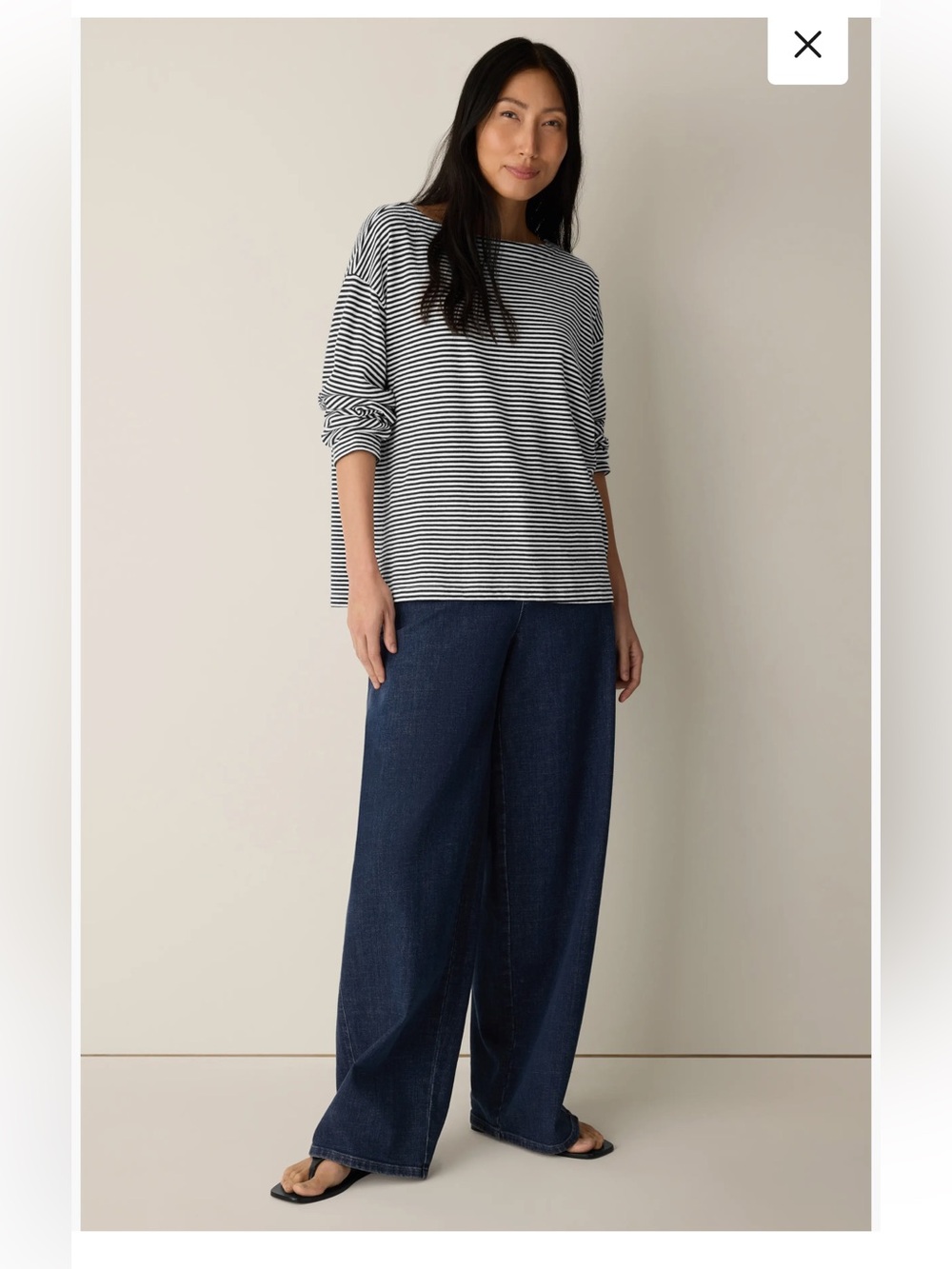 Eileen Fisher Striped Organic Cotton Bateau Neck Boxy Top Medium